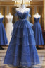 Blue Tulle Beaded Long Senior Prom Dress, A-Line Layers Beaded Long Evening Party Dress