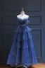 Blue Tulle Beaded Long Senior Prom Dress, A Line Strapless Prom Prom Dress