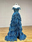 Blue Tulle Beaded With Lace Sweetheart Long Prom Dresses Off Shoulder Blue Prom Dresses
