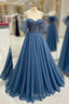 Blue Tulle Beading Spaghetti Straps Prom Dress