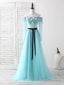 Blue Tulle Beads Long Prom Dress Blue Beads Prom Dress