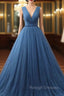 Blue Tulle Deep V Neck Pleats Beading Prom Dress