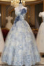 Blue Tulle Flower Strapless Pleats Prom Dress