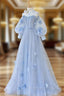 Blue Tulle Flowers Long Prom Dresses Lovely A Line Puff Sleeve Prom Dresses