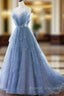 Blue Tulle Gorgeous V Neck Long Prom Dress, A-line Tulle Formal Evening Dress
