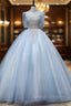 Blue Tulle High Neck Short Sleeve Beading Quinceanera Dress