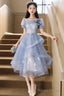 Blue Tulle Knee Length With Lace Prom Dresses Blue Short Sleeve Homecoming Dresses