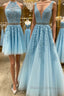 Blue tulle lace A line prom dress blue lace tulle formal dress