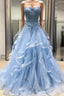 Blue Tulle Lace Appliques Sweetheart Layered Long Prom Dress