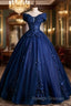 Blue Tulle Lace Long A-Line Ball Gown Off The Shoulder Prom Dresses