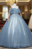 Blue Tulle Lace Long A Line Ball Gowns, Off the Shoulder Formal Prom Gowns