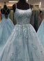 Blue tulle lace long prom dress, blue Prom dresses