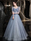 Blue Tulle Lace Long Prom Dress, Blue Lace Sweet 16 Dress