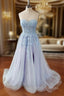 Blue Tulle Lace Long Prom Dresses Blue Strapless Prom Dresses with Slit