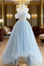 Blue Tulle Lace Long Prom Dress, High Low A Line Prom Prom Dress