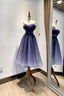 Blue Tulle Lace Short Prom Dresses Off the Shoulder Prom Dresses
