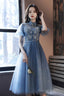 Blue Tulle Lace Short Prom Dresses, A-Line Homecoming Dresses