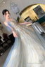 Blue Tulle Long A-Line Prom Dress, Beautiful Sequins Evening Graduation Dress