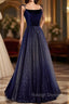 Blue Tulle Long A Line Prom Dress, Blue Spaghetti Strap Prom Prom Dress