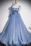 Blue Tulle Long A Line Prom Dresses Blue Spaghetti Straps Prom Dresses with Bow