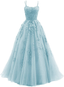 Blue Tulle Long A-Line Prom Dresses Lace Prom Dresses