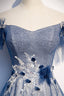 Blue Tulle Long A Line Prom Dress, Off the Shoulder Prom Prom Dress
