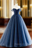 Blue Tulle Long A Line Prom Dresses Off the Shoulder Prom Dresses