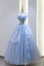 Blue Tulle Long A Line Prom Dress, Blue Prom Dress