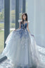 Blue Tulle Long A-Line Prom Dresses With Lace Lovely Prom Dresses