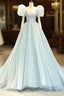 Blue Tulle Long A Line Prom Dress with Sequins, Lovely Puff Sleeve Prom Gowns