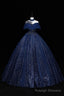 Blue Tulle Long Prom Dress with Sequins, A Line Blue Formal Dress