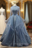 Blue Tulle Long Sleeve Backless Beading Prom Dress