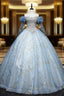 Blue Tulle Long Sleeve Beading Quinceanera Dress