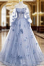 Blue Tulle Long Sleeve Flower Prom Dress