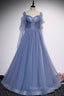 Blue Tulle Long Sleeve Prom Dresses A Line Blue Prom Dresses