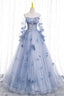 Blue Tulle Long Sleeves Prom Dresses with Flowers Blue A Line Prom Dresses