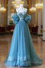 Blue Tulle Long Spaghetti Strap Prom Dresses and Corset Detachable off Shoulder Prom Dresses
