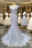 Blue Tulle Mermaid Deep V Neck Backless Prom Dress With Beading