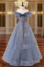 Blue Tulle Off Shoulder Long Prom Dresses Blue A Line Prom Dresses