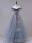 Blue Tulle Off Shoulder Long Formal Prom Dress, Blue Tulle Formal Dress