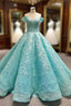 Blue Tulle Off the Shoulder Appliques Prom Dress