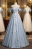Blue Tulle Off the Shoulder Flower Pearls Prom Dress