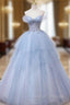 Blue Tulle Off the Shoulder Lace Beading Prom Dresses