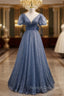 Blue Tulle Puff Sleeve Wave Point Prom Dress