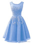 Blue Tulle Round Neckline Beaded Short Homecoming Dress, Lace Applique Cute Prom Dress