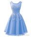 Blue Tulle Round Neckline Beaded Short Homecoming Dresses
