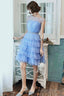 Blue Tulle Round Neckline Short Prom Dresses Cute Layered Blue Prom Dresses