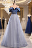 Blue Tulle Sequins Beading Off the Shoulder Prom Dress