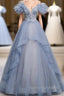 Blue Tulle Sequins Beading Spaghetti Straps Prom Dress
