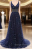Blue Tulle Sequins Bling Bling V-neck Long Prom Party Dress